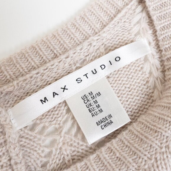 Max Studio Sweater Merino Wool Blend Beige Diamond Knit Pullover Medium - Picture 5 of 12